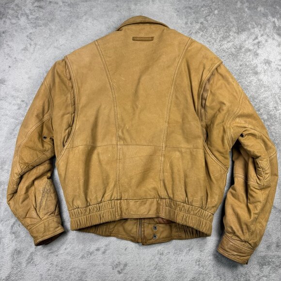 Vintage Miropa Leather Bomber Jacket Tan Distressed 90s Retro Moto Style Mens M - Picture 3 of 13